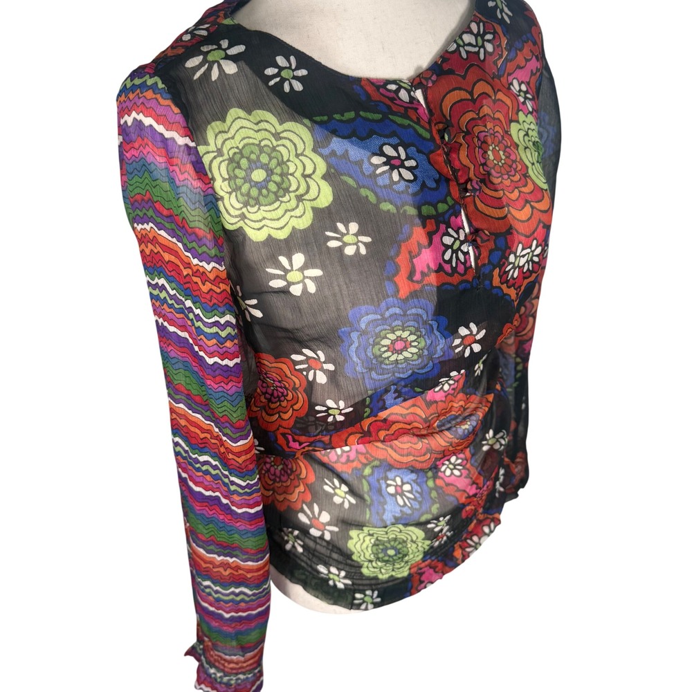 Desigual Floral Sheer Blouse Womens Size M Multicolor Chiffon Boho Graphic Art - Picture 2 of 13